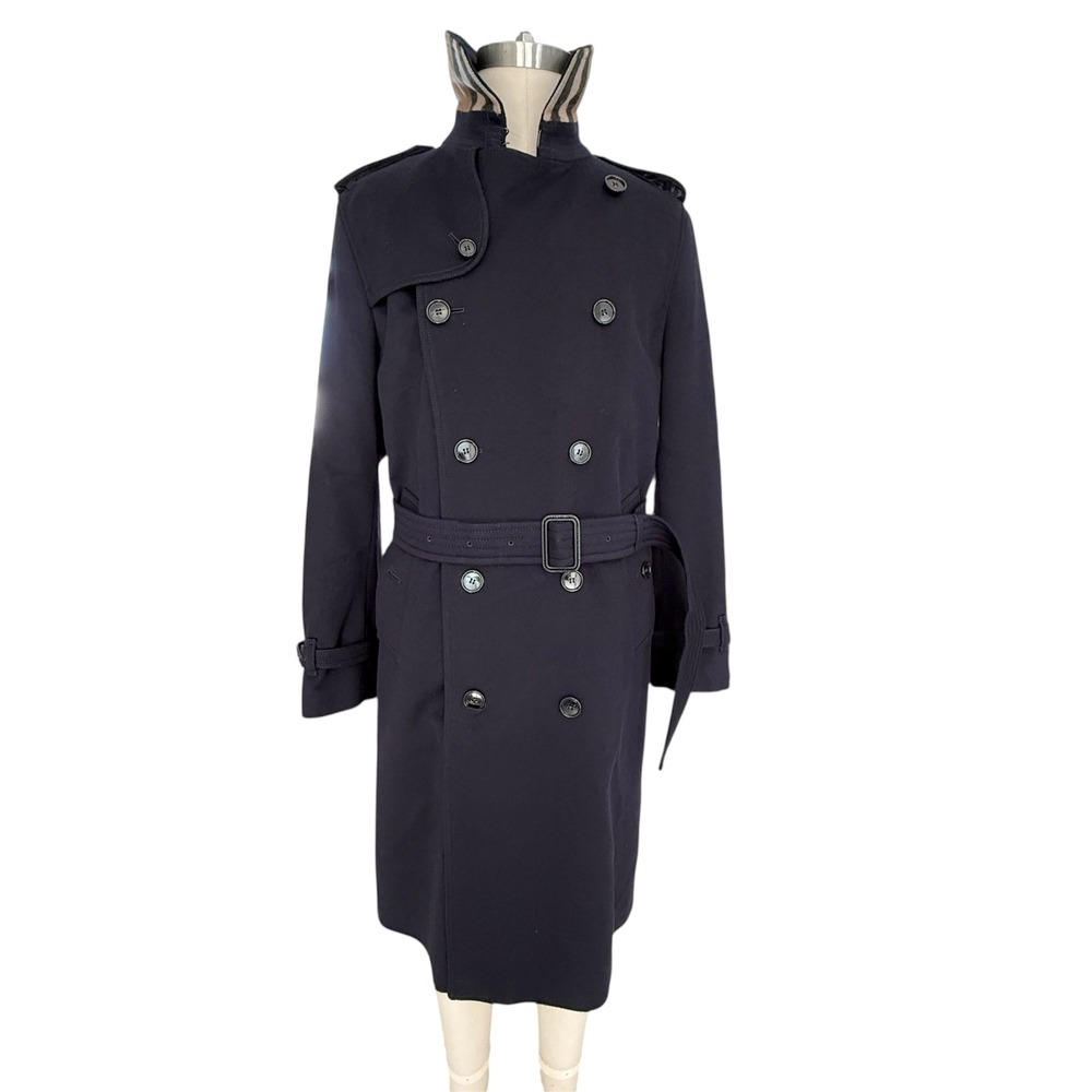 Burberry Prorsum Wool Cashmere Trench Coat Dark Charcoal Blue 52 IT 42 US NEW